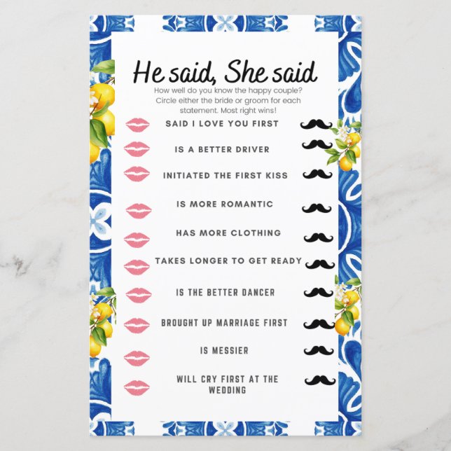 Citrus Lemon Blue Tile Bridal Shower Game (Front)
