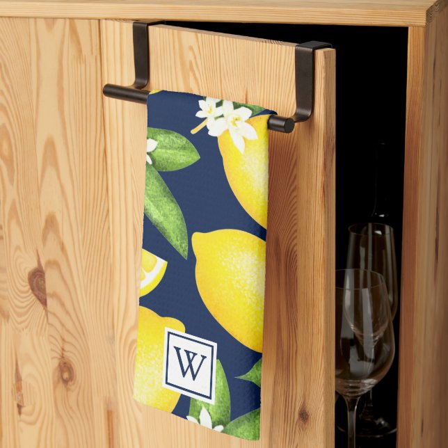 Citrus Lemon Botanical Monogram Navy Blue Tea Towel (Thirds Fold)