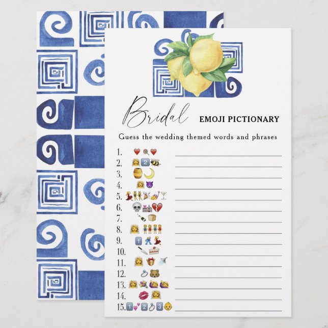 Citrus lemon - bridal shower emoji pictionary game (Front/Back)