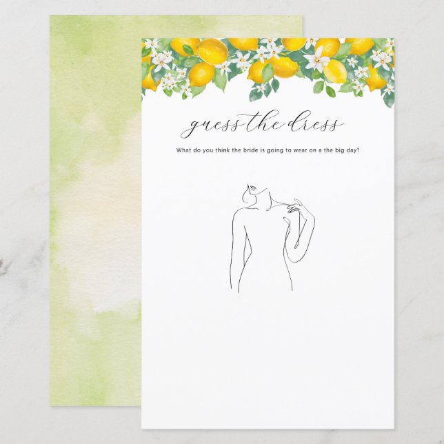 Citrus Lemon Bridal Shower Guess The Dress Game (Front/Back)