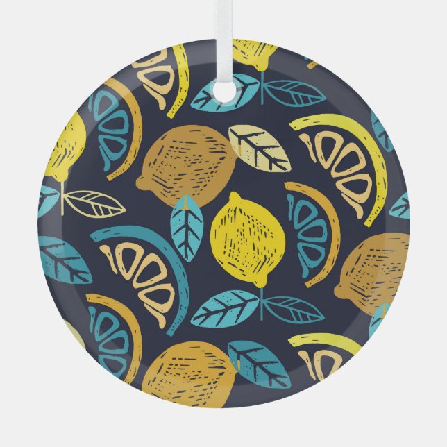 Citrus Lemon Doodle Pattern Background Glass Tree Decoration (Front)