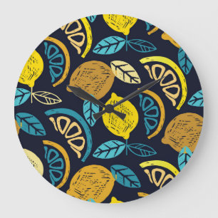 Citrus Lemon Doodle Pattern Background Large Clock