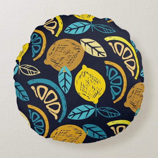 Citrus Lemon Doodle Pattern Background Round Cushion (Front)