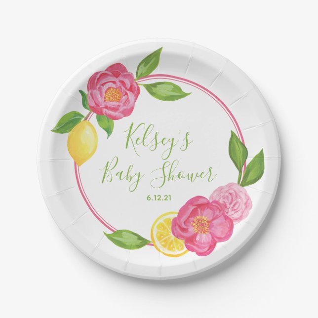 Citrus Lemon Floral Baby Shower Lemon Roses Paper  Paper Plate (Front)