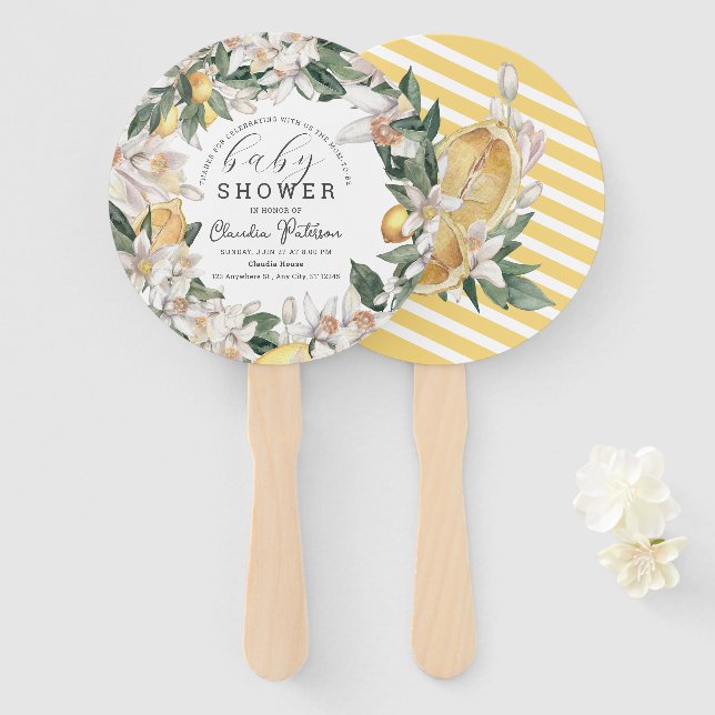 Citrus Lemon Floral Watercolor Baby Shower Hand Fan (Front and Back)