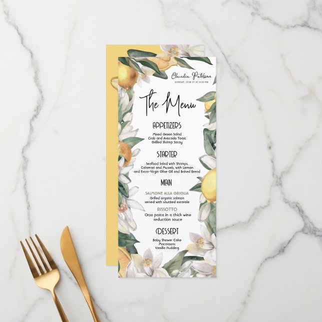 Citrus Lemon Floral Watercolor Baby Shower Menu (Front/Back In Situ)