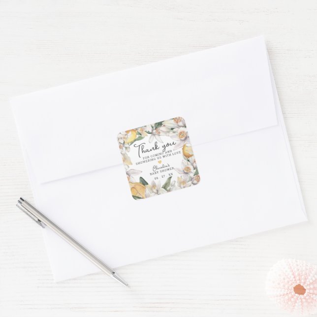 Citrus Lemon Floral Watercolor Baby Shower Square Sticker (Envelope)
