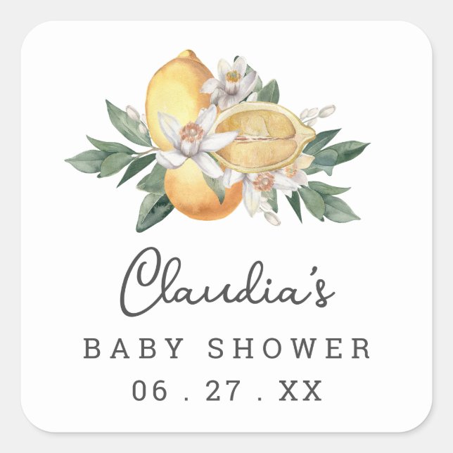 Citrus Lemon Floral Watercolor Baby Shower Square Sticker (Front)