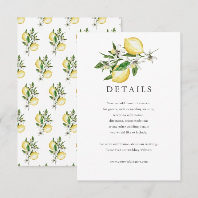 Citrus Lemon Floral Watercolor Details Card (Front/Back)