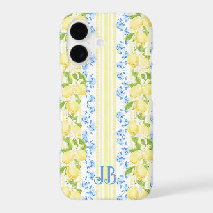 Citrus Lemon Fruit Blue Toile Monogram Stripe
