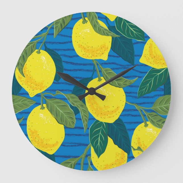 Citrus Lemon: Hand-Drawn Vintage Seamless. Large Clock (Front)