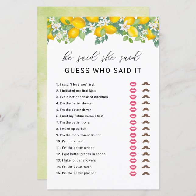 Citrus Lemon He Said She Said Bridal Shower Game (Front/Back)
