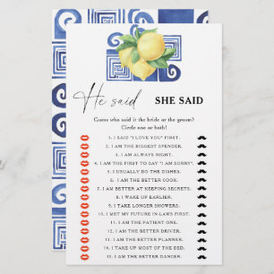 Citrus lemon - He said she said bridal shower game