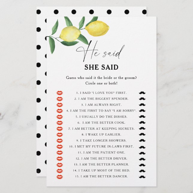 Citrus lemon - He said she said bridal shower game (Front/Back)