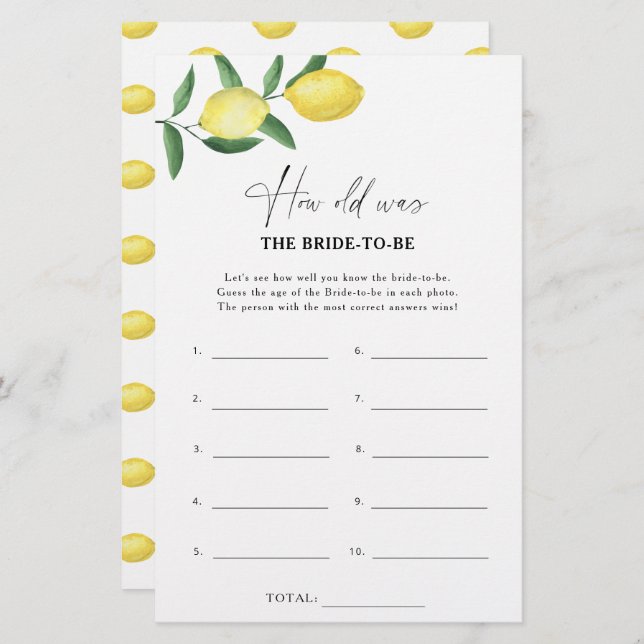 Citrus lemon - How old was the bride to be game (Front/Back)