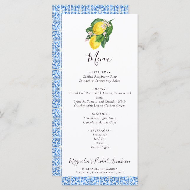 Citrus Lemon Mediterranean Blue Bridal Luncheon Menu (Front/Back)