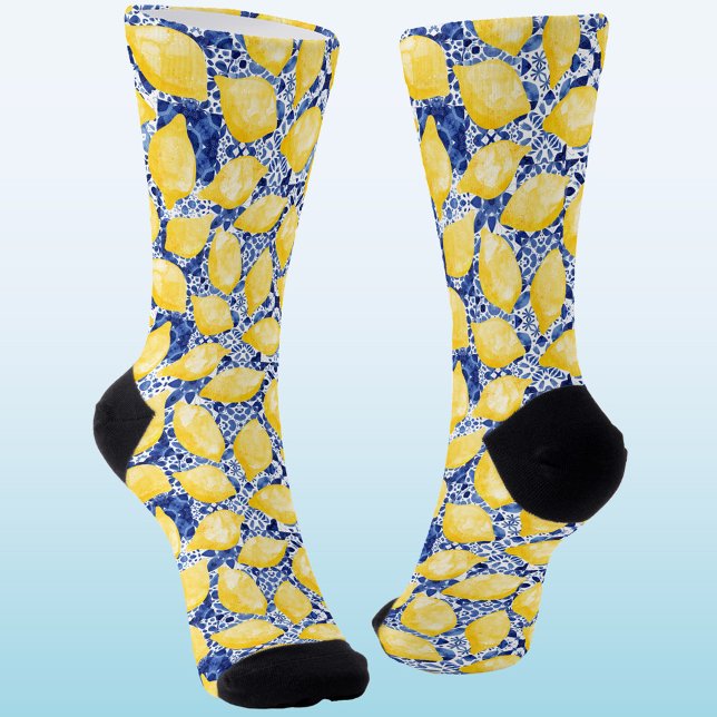 Citrus Lemon Mediterranean Blue Tile Watercolor Socks (Refreshing citrus lemon fruit Mediterranean yellow, blue and white socks)