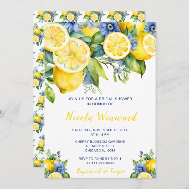 Citrus Lemon Mediterranean Bridal Shower Invitation (Front/Back)
