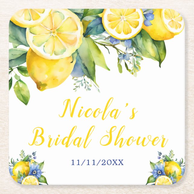 Citrus Lemon Mediterranean Bridal Shower Square Paper Coaster (Front)