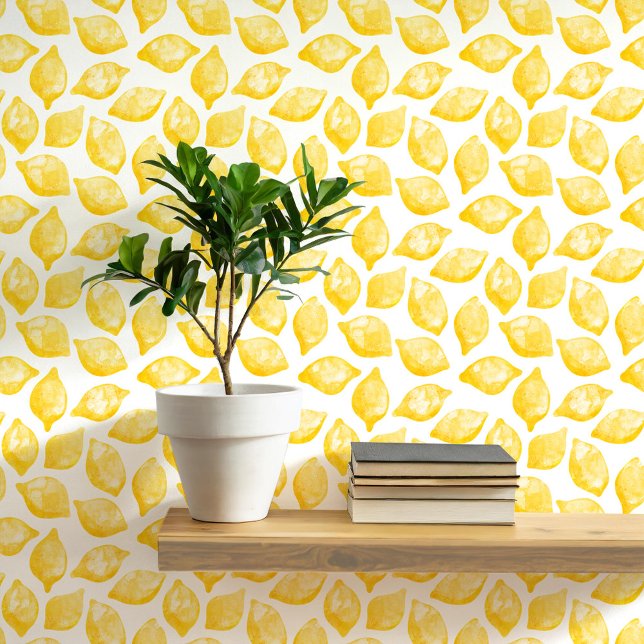 Citrus Lemon Mediterranean Yellow White Watercolor Wallpaper (Mediterranean citrus lemon watercolor peel and stick art wallpaper)