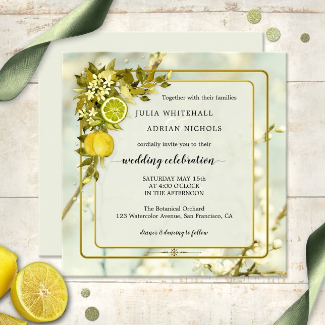 Citrus Lemon Orchard Watercolor Wedding Invitation (Wedding invitation featuring watercolor painted leaves with lemon and citrus fruits and flowers)