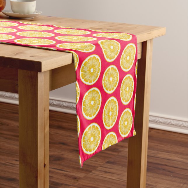 Citrus Lemon Slice Hot Pink & Yellow Short Table Runner (In Situ)
