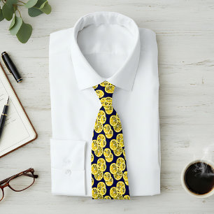 Citrus Lemon Slices Pattern on Dark Blue Backdrop Tie