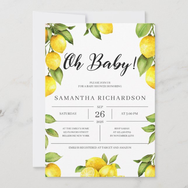 Citrus lemon summer baby shower fruit invitation (Front)