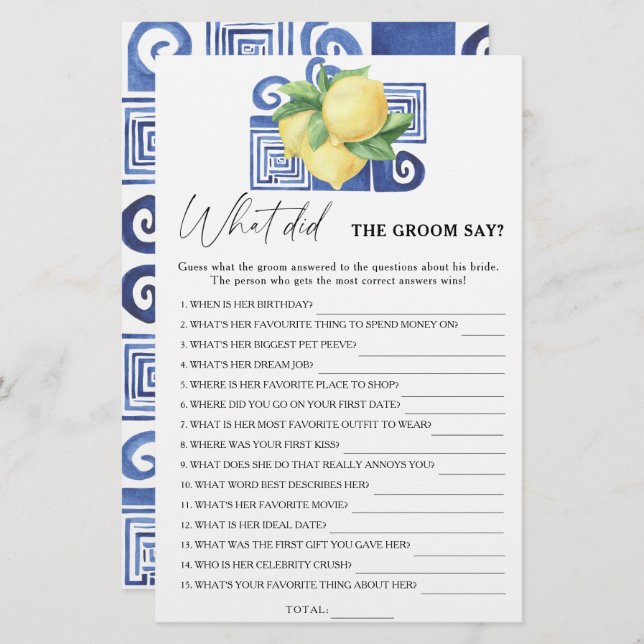 Citrus lemon - What did the groom say bridal game (Front/Back)