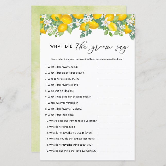Citrus Lemon What Did The Groom Say Game (Front/Back)