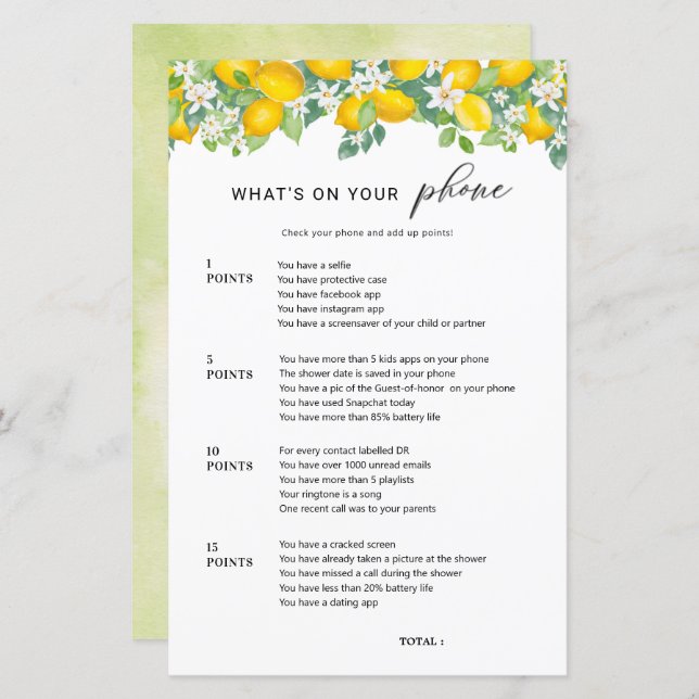 Citrus Lemon What's On Your Phone Bridal Game (Front/Back)