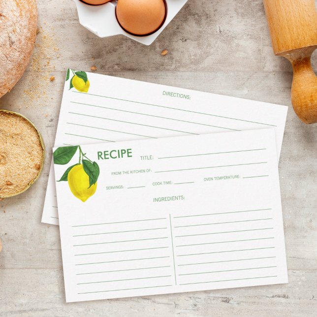 Citrus Lemon Yellow Green Recipe Card (Lemon Recipe card with a green text and a lemon hanging from the corner.)