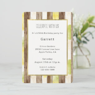 Citrus Lemon Yellow Lime Faux Wood Stripe Birthday Invitation