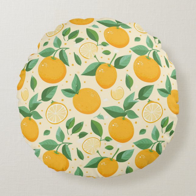 Citrus lemon yellow tropical fruit pattern round cushion (Front)