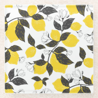 Citrus Lemons, Vintage Summer Seamless. Glass Coaster
