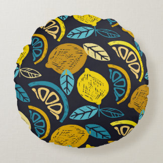 Citrus lime lemon doodle hand drawn pattern backgr round cushion