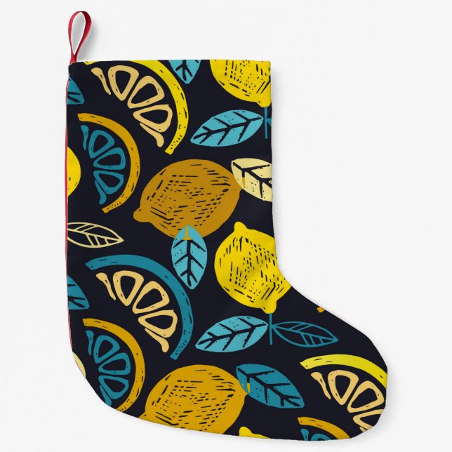 Citrus lime lemon doodle hand drawn pattern backgr small christmas stocking (Front)