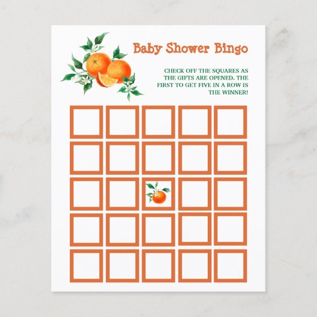Citrus Little Cutie Baby Shower Bingo Game Card (Front)