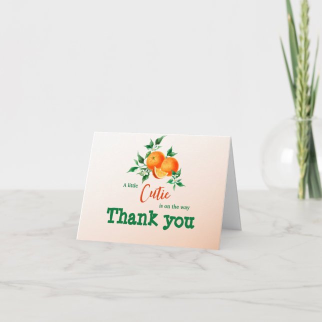 Citrus Little Cutie On The Way Orange Baby Shower Thank You Card (Front)