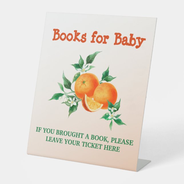 Citrus Little Cutie Orange Baby Shower Book Game Pedestal Sign (Front)