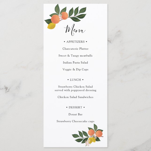 Citrus Main Squeeze Lemons and Oranges Shower Menu (Front)