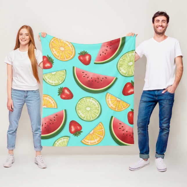 Citrus Melon Strawberry Fruits On Light Blue Fleece Blanket (In Situ)