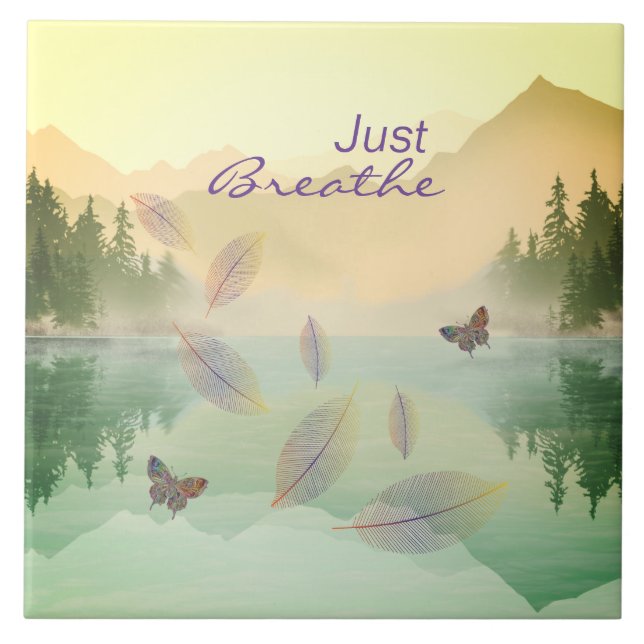 Citrus Mountain Lake Reflection Just Breathe  Tile (Front)