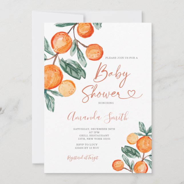 Citrus Orange Baby in bloom Summer Baby Shower Invitation (Front)