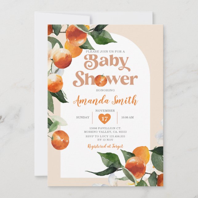 Citrus Orange Baby Shower Summer Tropical Floral Invitation (Front)