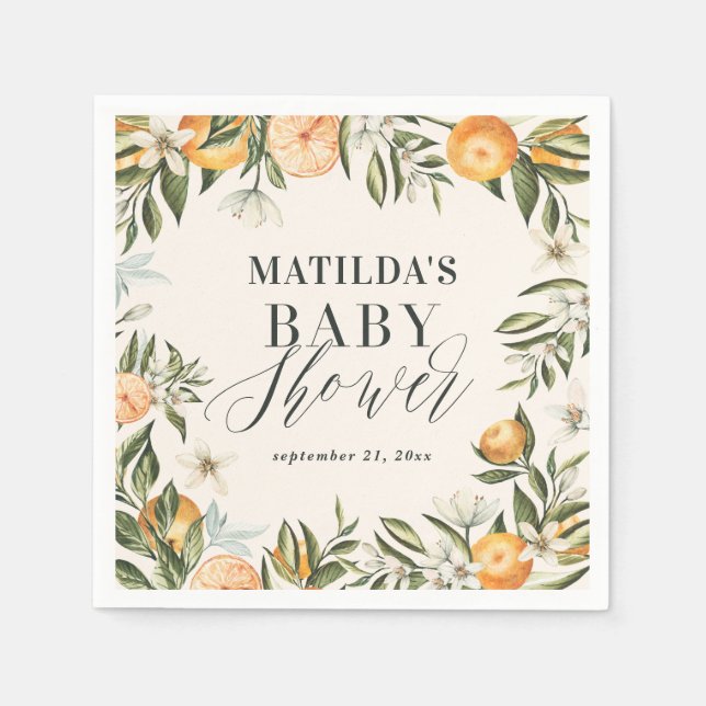 Citrus, orange + blossom baby shower party napkin (Front)