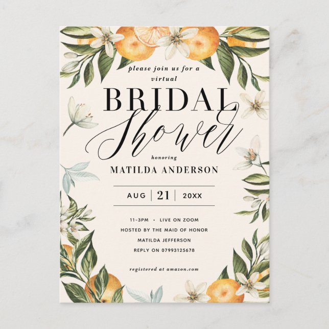 Citrus orange blossom virtual bridal shower party postcard (Front)