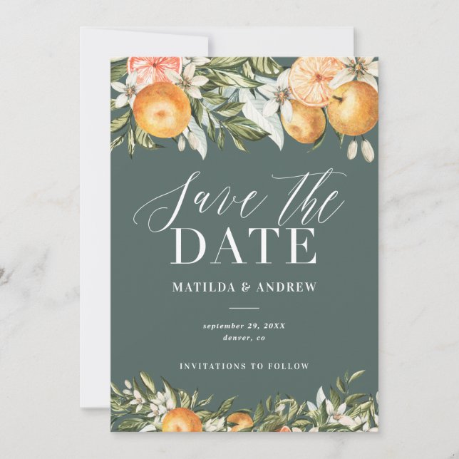 Citrus, orange + blossom wedding save the date (Front)