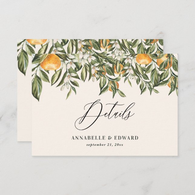 Citrus orange botanical modern rustic details RSVP card (Front/Back)