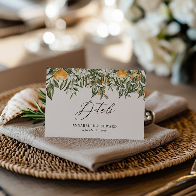Citrus orange botanical modern rustic details RSVP card (Creator Uploaded)